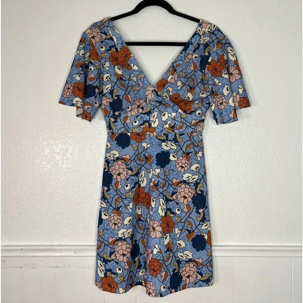 Zara retro vintage style blue floral ruffle sleeve dress S